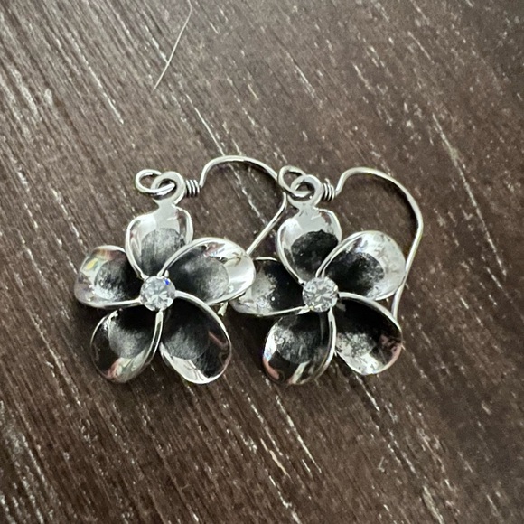 Plumeria CZ Sterling Silver Floral Dangle Drop Earrings. - Picture 2 of 8